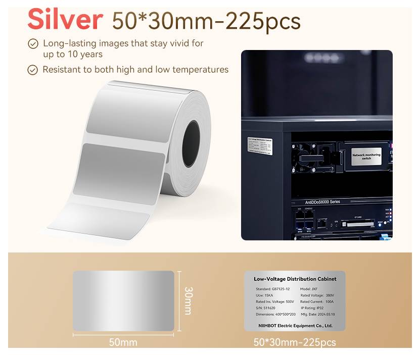 Propagační grafika pro stříbrné samolepky 50x30mm, 225 kusů, s textem poukazujícím na odolné obrazy až 10 let a odolnost vůči vysokým a nízkým teplotám; zobrazuje samolepky na skříni.