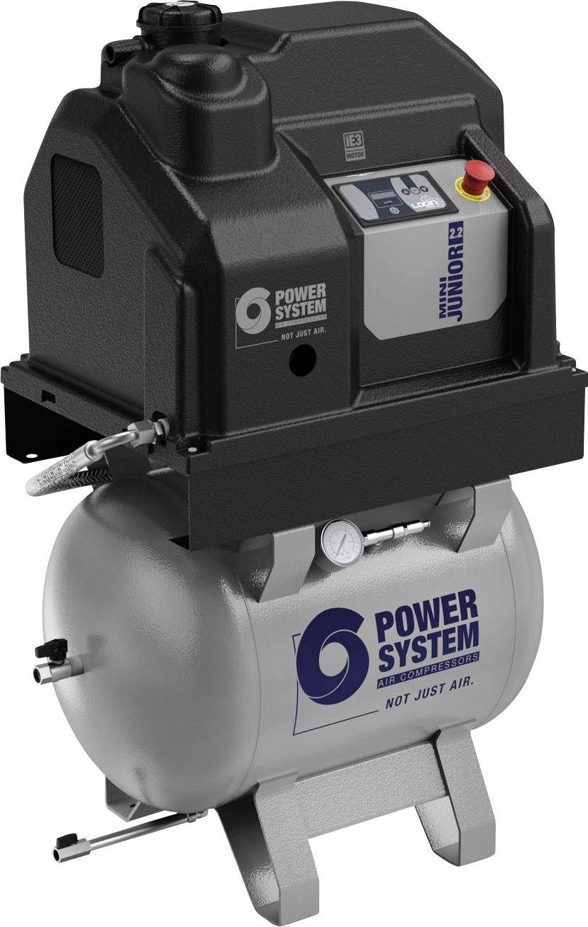 Přenosný vzduchový kompresor s černou čerpací jednotkou na stříbrné nádrži označené 'POWER SYSTEM', zobrazený na bílém pozadí.