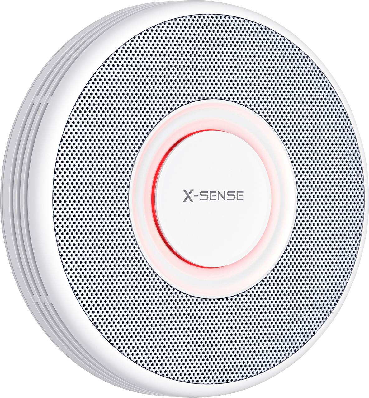 Kulatý detektor kouře s červeným indikačním LED kroužkem a textem „X-Sense" uprostřed.