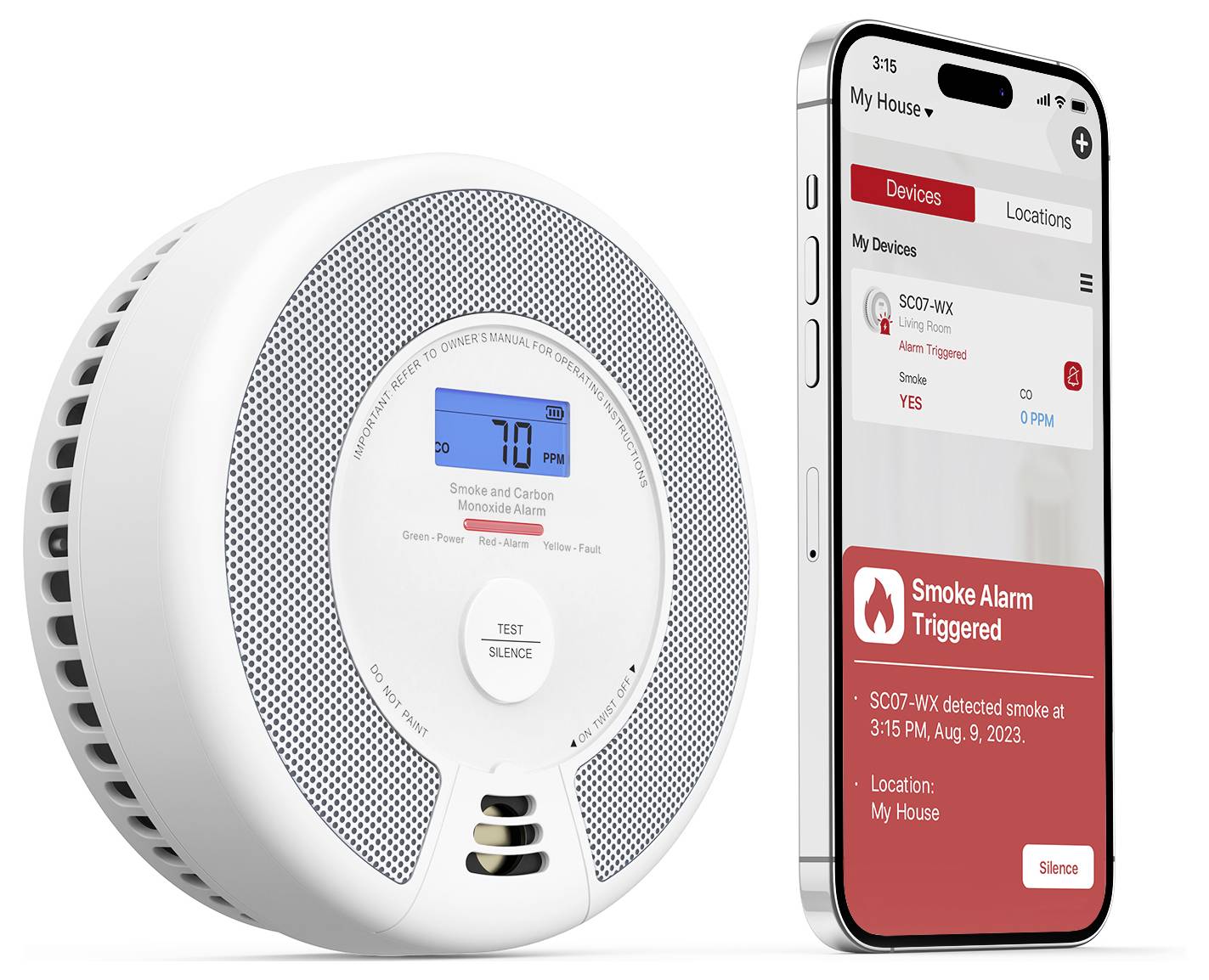 Detektor kouře a oxidu uhelnatého s dvojí detekcí. Vpravo je upozornění na ohňuvzdorný materiál ABS.