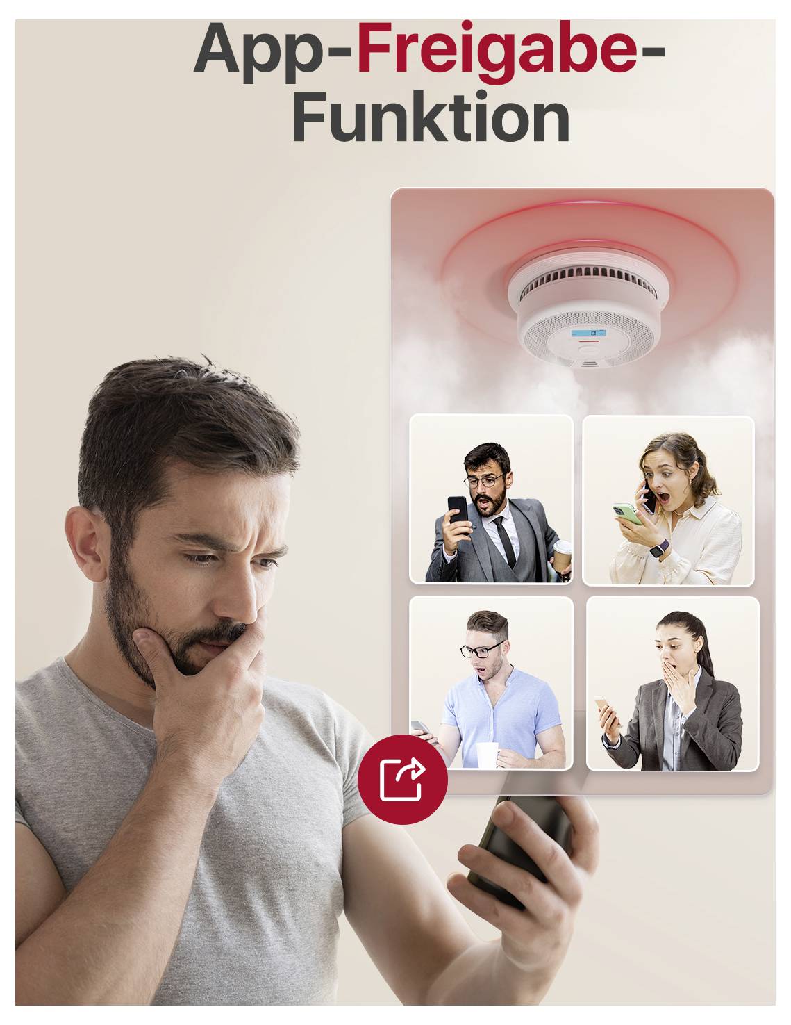 Muž přemýšlivě kouká na smartphone. Nahoře jsou obrázky lidí, kteří reagují na kouř. Text: 'Funkce sdílení aplikace'.