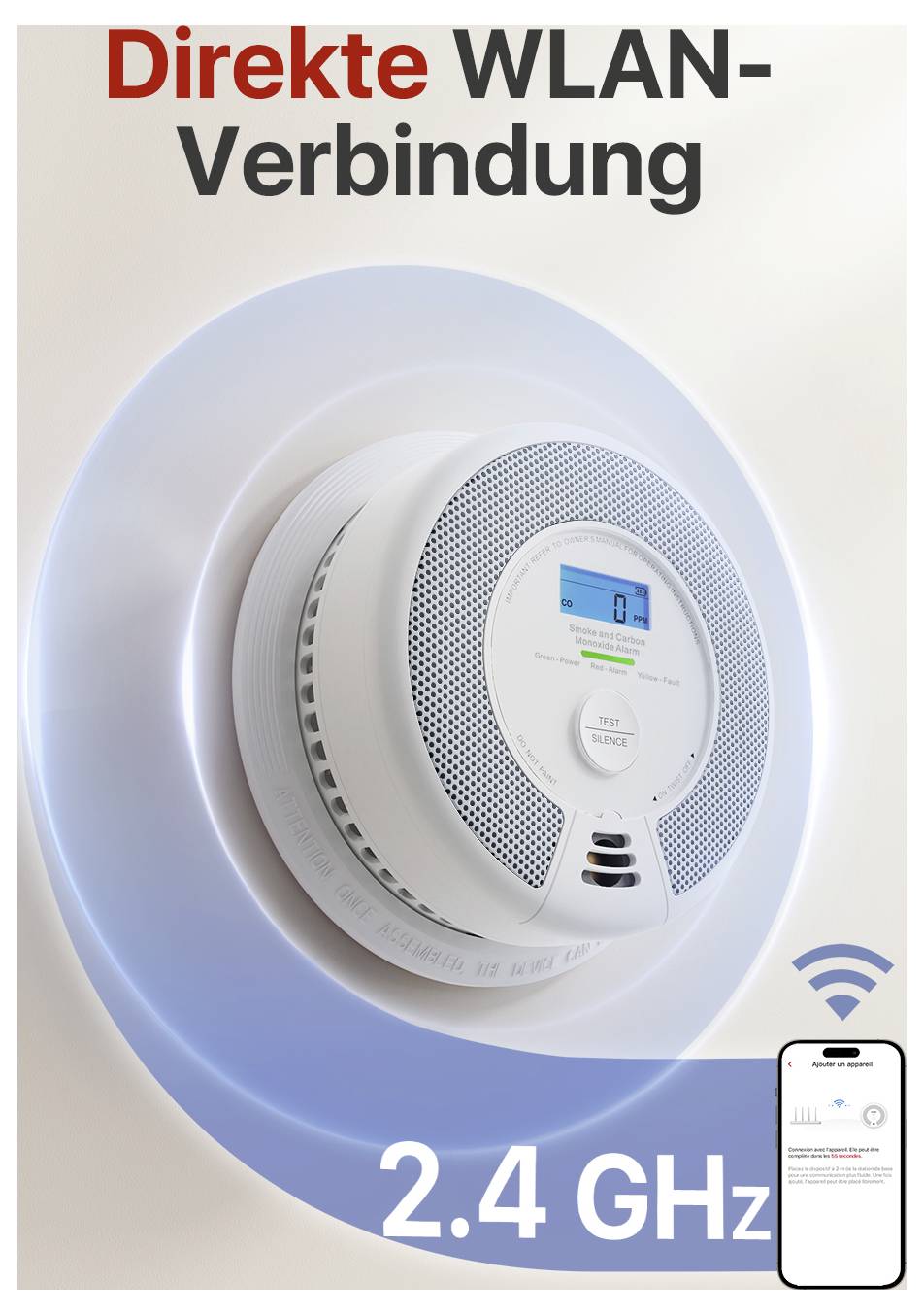 Detektor kouře s digitálním displejem zobrazuje WLAN připojení na 2,4 GHz. Text „Přímé WLAN připojení". Symbol mobilního telefonu v pravém dolním rohu.