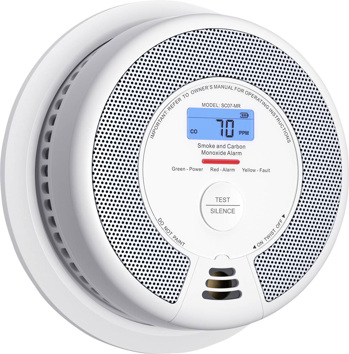 Detektor kouře a oxidu uhelnatého s digitálním displejem zobrazujícím hladinu CO 70 PPM. Na přední straně má tlačítka pro test a ztlumení.
