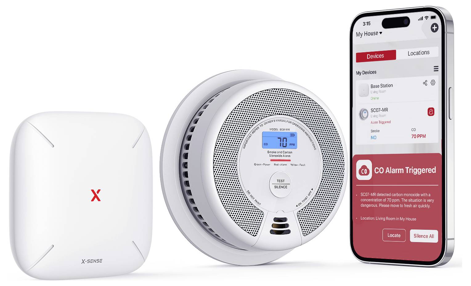 Zařízení pro bezpečnost chytré domácnosti: detektor kouře, alarm na oxid uhelnatý vykazující 70 ppm a aplikace na smartphonu zobrazující "CO Alarm Activated" (Alarm na CO aktivován).