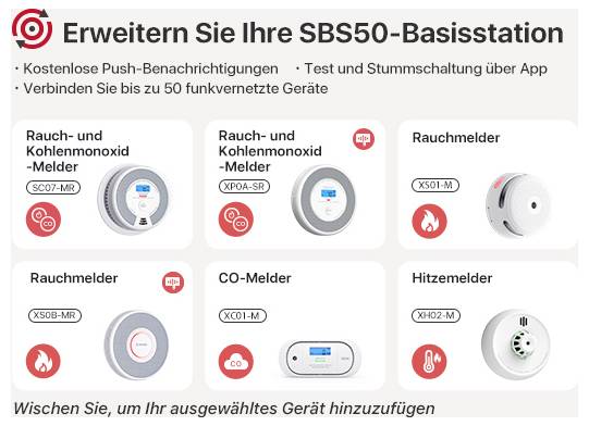 "Rozšiřte svou základní stanici SBS50" zobrazuje výběr detektorů kouře a oxidu uhelnatého. Informace o připojení a ovládání aplikace.