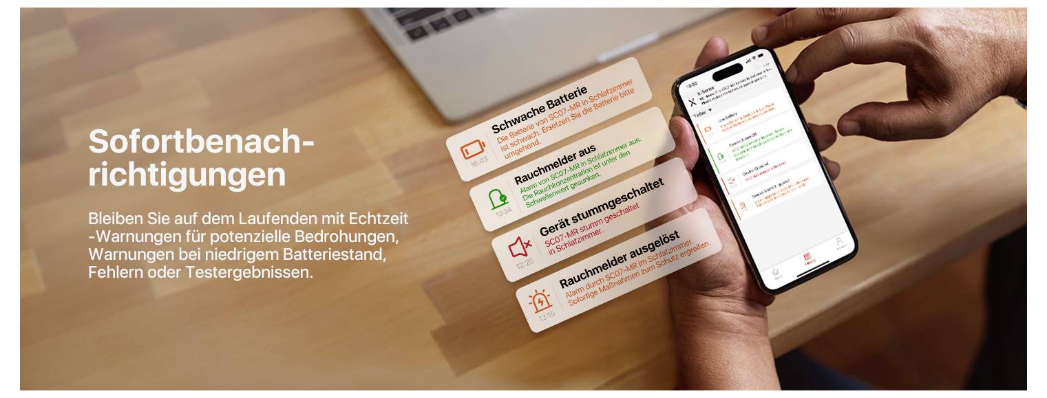 Osoba drží chytrý telefon s upozorněními: „Slabá baterie", „Zařízení je v energeticky úsporném režimu", „Výsledky jsou k dispozici". Kontext: Bezpečnost a monitorování energie.