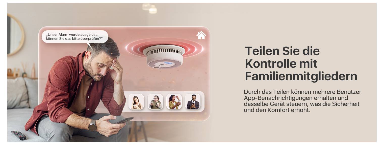 Muž se smartphonem, obrázek detektoru kouře, profilové obrázky dole. Text: "Sdílejte kontrolu s členy rodiny".