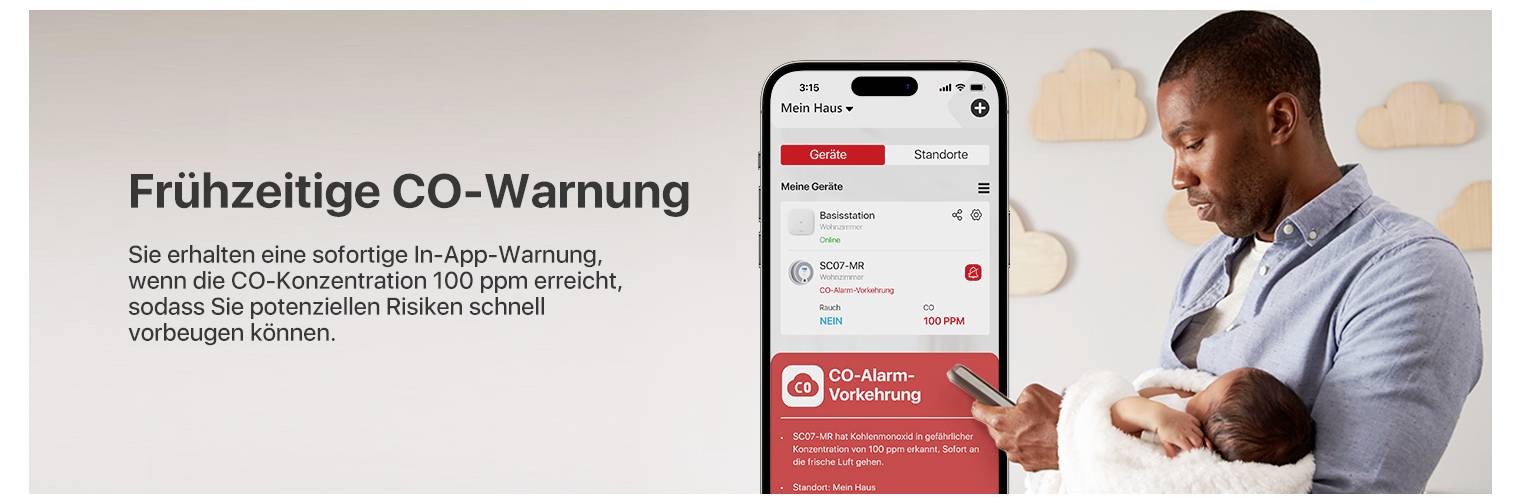 Muž drží miminko a kouká na smartphone. Na obrazovce je napsáno "Včasné varování CO". Aplikace zobrazuje varování při koncentraci CO 100 ppm.