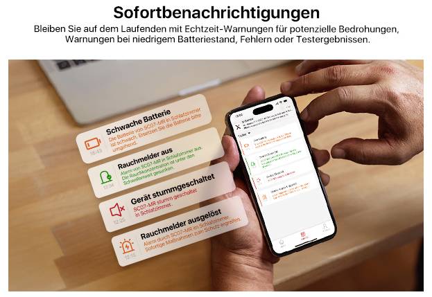 Smartphone zobrazuje oznámení aplikace o stavu baterie a detektoru kouře. Text: "Okamžitá oznámení" a různá upozornění.