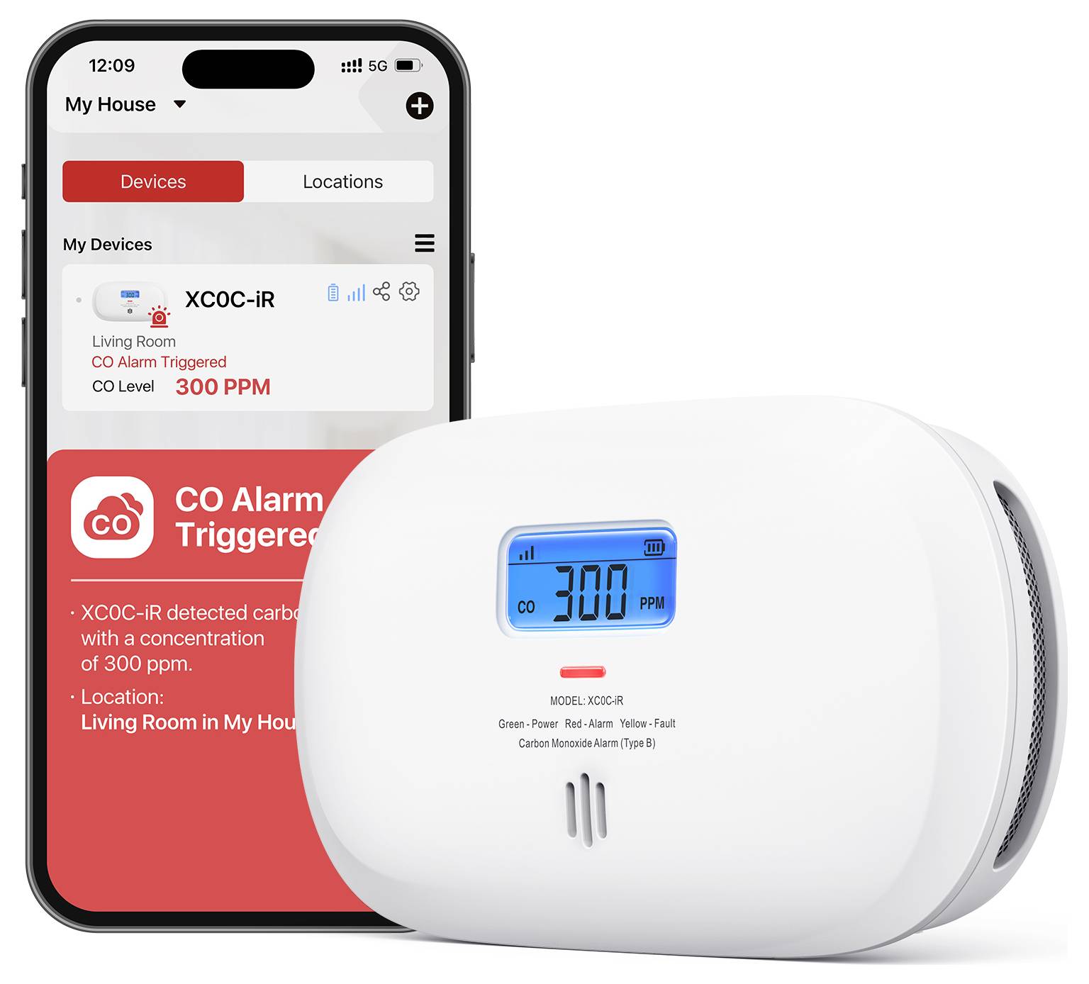 Chytrý telefon zobrazující upozornění „Spuštěn alarm CO" vedle digitálního detektoru oxidu uhelnatého s hodnotou „300 PPM" v obývacím pokoji.