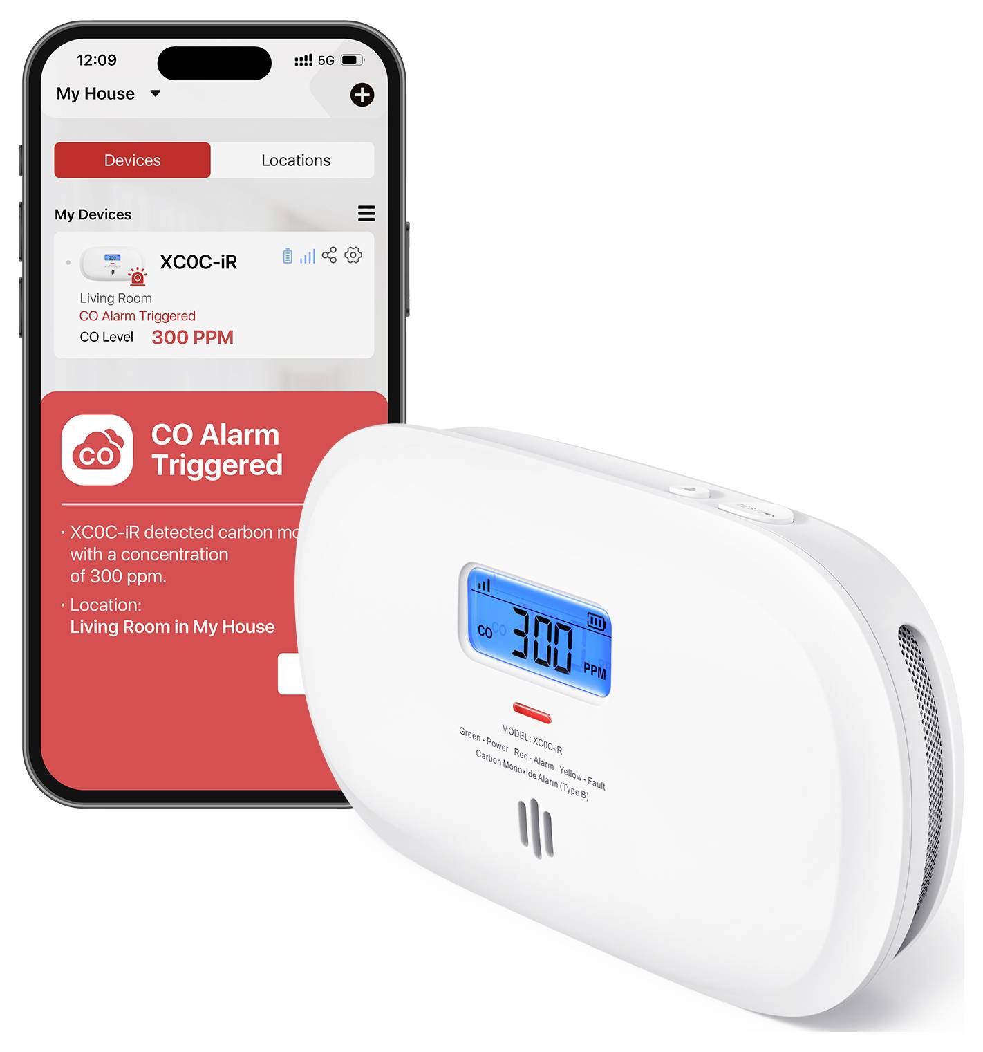Oznámení "Spuštěn alarm CO" na chytrém telefonu propojeném s detektorem CO. Zařízení zobrazuje "300 PPM" a je umístěno v obývacím pokoji.