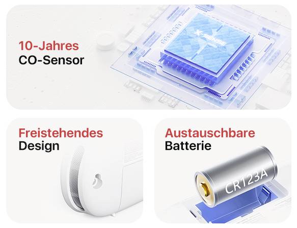 Obrázek ukazuje detektor kouře s 10letým CO senzorem, samostatně stojícím designem a vyměnitelnou baterií typu CR123A.