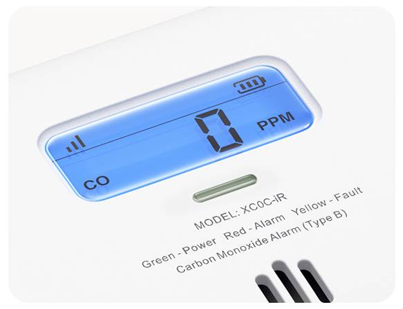 Detektor oxidu uhelnatého s modrým displejem zobrazujícím „0 PPM". Štítek pod ním: „Zelená - Napájení, Červená - Alarm, Žlutá - Porucha".