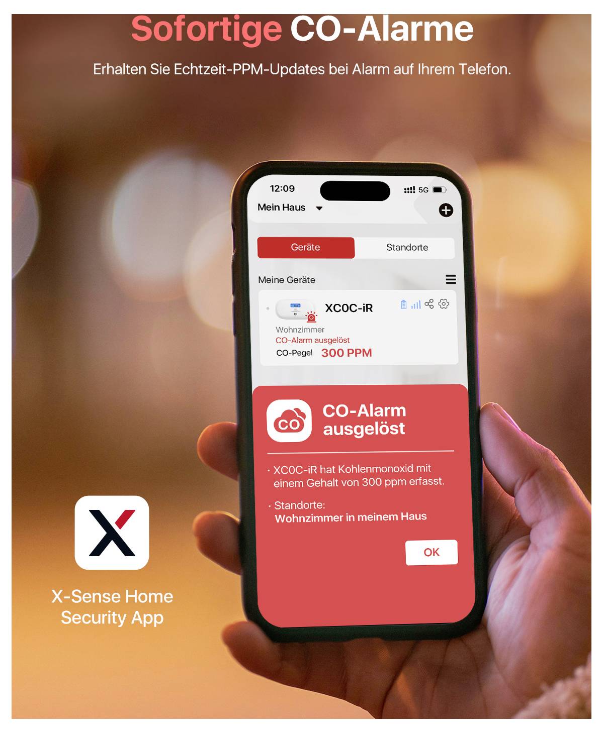 "Okamžité výstrahy CO" zobrazené na obrazovce smartphonu. Aplikace X-sense Home Security zobrazuje aktuální obsah CO a výstrahu.