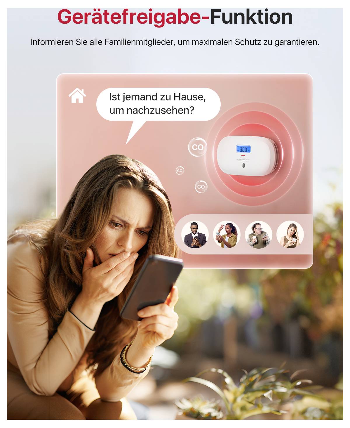 Žena si znepokojením prohlíží svůj chytrý telefon. Na displeji se aplikace chytré domácnosti ptá: „Je doma někdo, kdo by to šel zkontrolovat?"