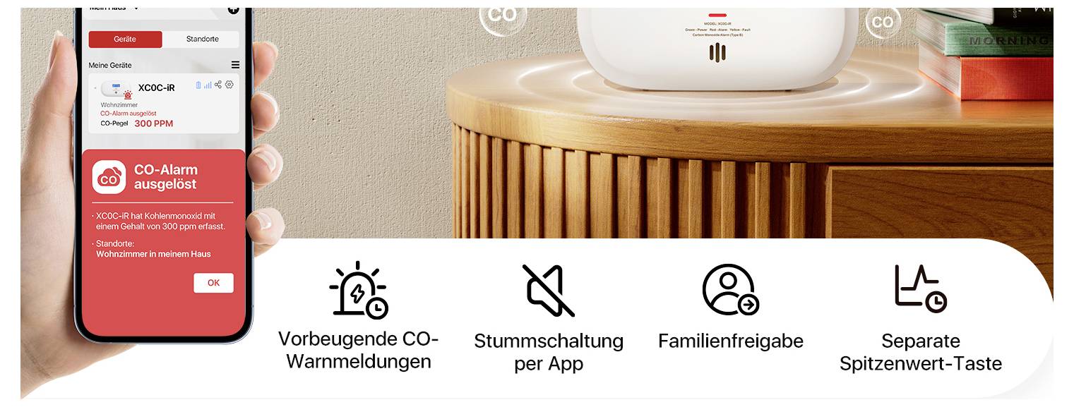 Chytrý telefon zobrazuje varování CO "Alarm CO vyprášen". Pod ním symboly: Varování CO, Ztlumení, Rodinné sdílení, Tlačítko špičkové hodnoty.