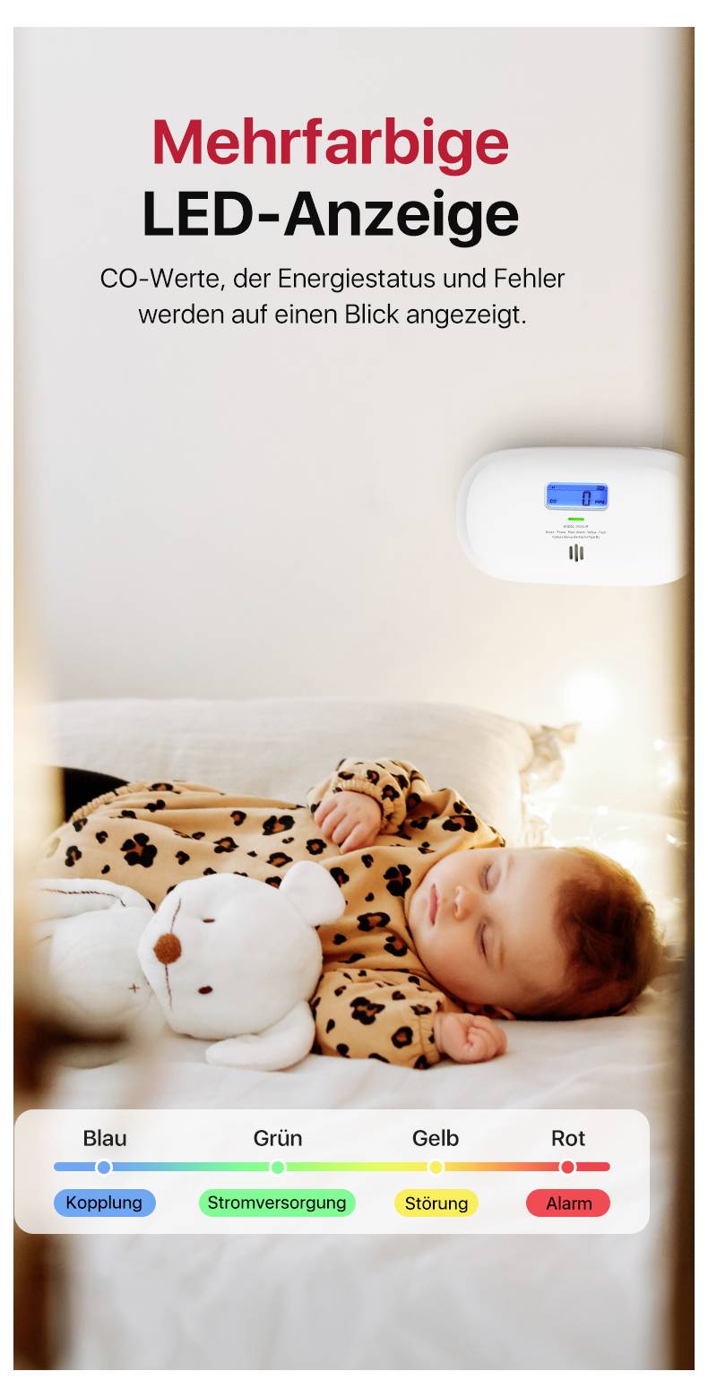 Spící dítě drží plyšovou hračku. Vedle toho přístroj s vícebarevným LED displejem pro zobrazení hodnot CO a stavu energie.
