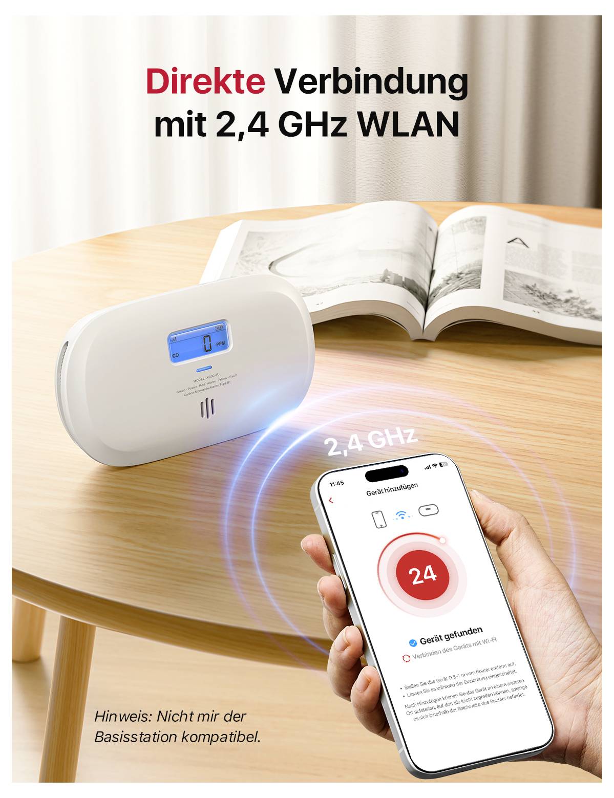 WLAN-routr na stole zobrazuje připojení 2,4 GHz. Smartphone vedle s indikací síly signálu. Kniha v pozadí.