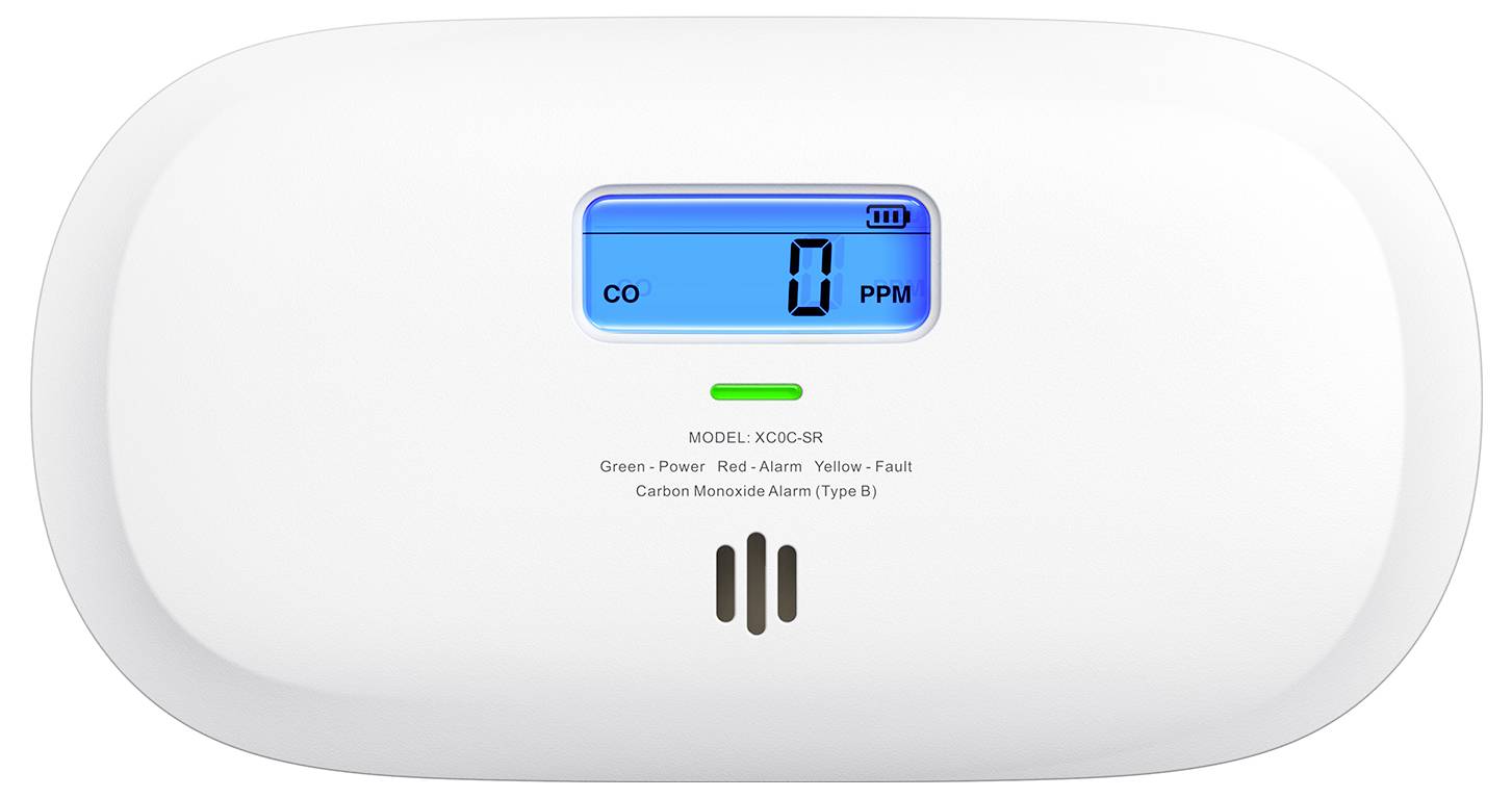 Digitální detektor oxidu uhlíku zobrazující 0 PPM s LED indikátory pro napájení, poruchu a alarm. Model XC04C-9R.