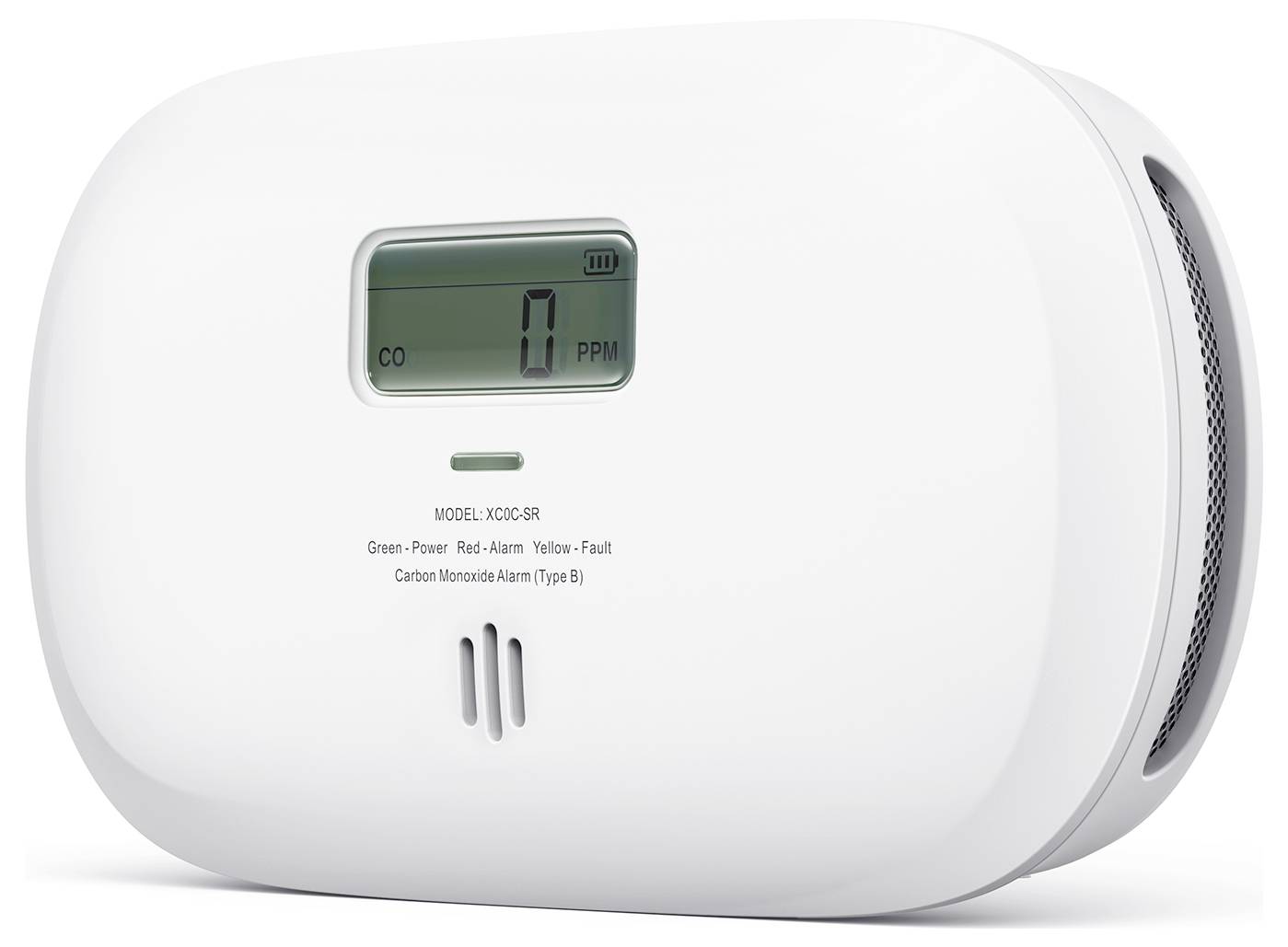 Detektor oxidu uhelnatého zobrazující na displeji "CO 0 PPM" s indikačními světly pro napájení, alarm a závadu.