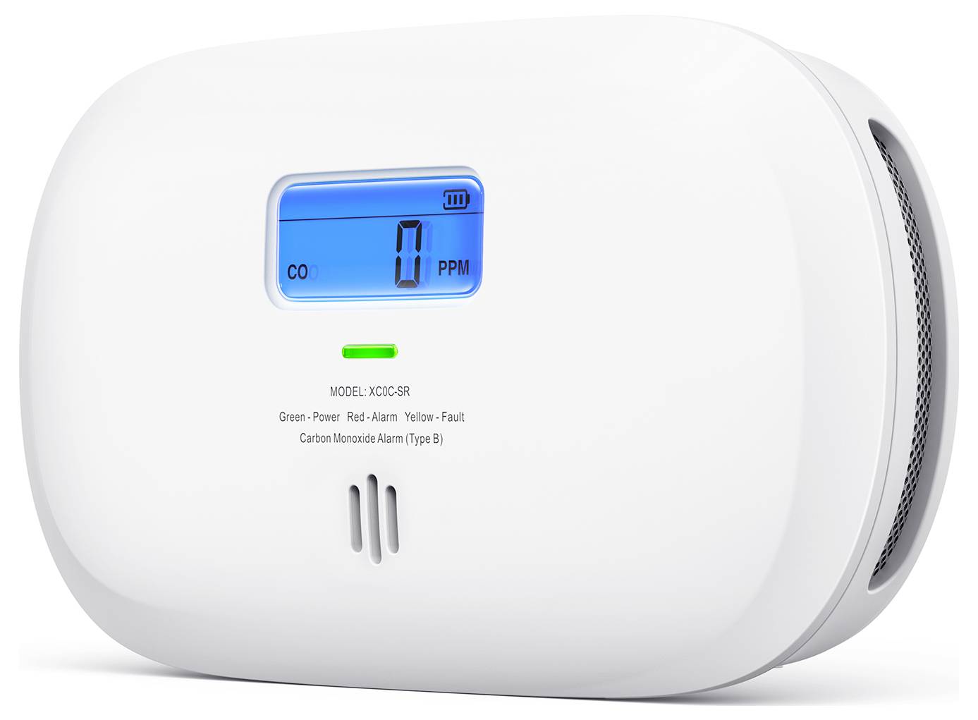 Detektor oxidu uhelnatého s digitálním displejem zobrazujícím '0 PPM'. Zelené světlo indikuje normální provoz. Zařízení je označeno 'Model XC04-SR'.