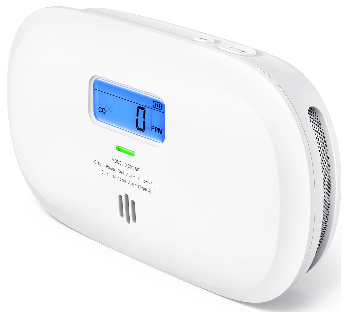 Alarm na oxid uhelnatý s digitálním displejem zobrazujícím „0 PPM". Zařízení je bílé s modrým displejem a indikační lampkou stavu.