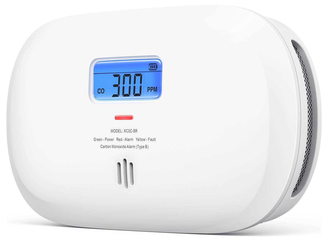 Detektor oxidu uhelnatého zobrazující "300 PPM" na digitálním displeji, což naznačuje vysoké hladiny. Má indikátory stavu pro napájení, alarm a poruchu.