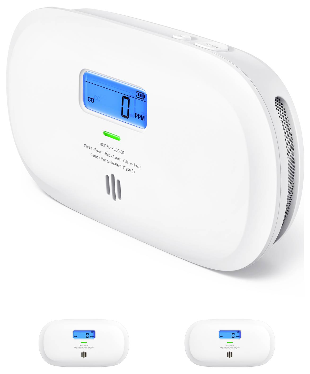 'Alarm na oxid uhelnatý zobrazující 0 PPM na digitálním displeji, což naznačuje nepřítomnost oxidu uhelnatého. Bílé pouzdro, design určený k montáži na stěnu.'