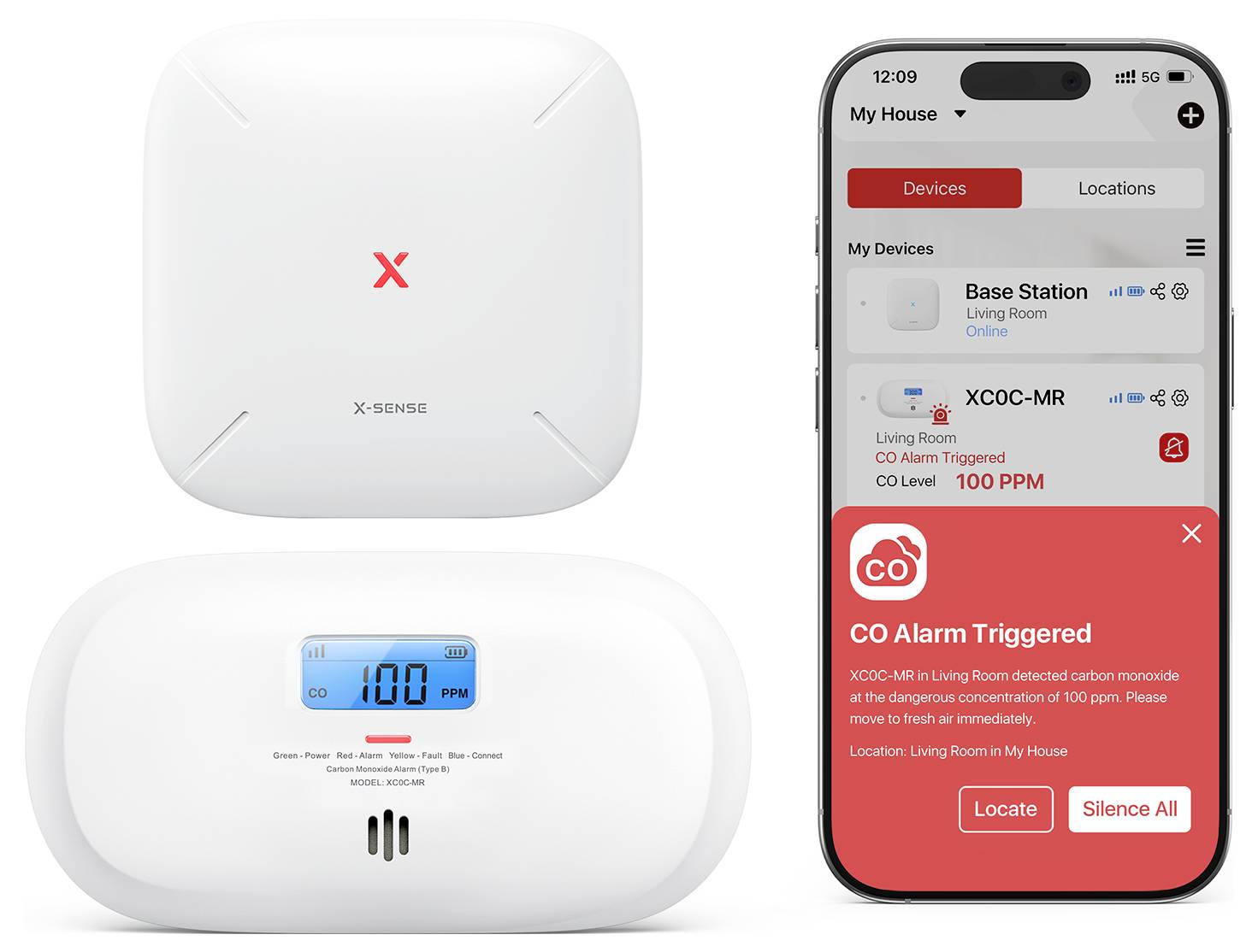 Dvě zařízení X-Sense: čtvercová bazová stanice a kruhový detektor CO zobrazující "100 PPM". Aplikace na smartphonu ukazuje "Spoušť alarmu CO".