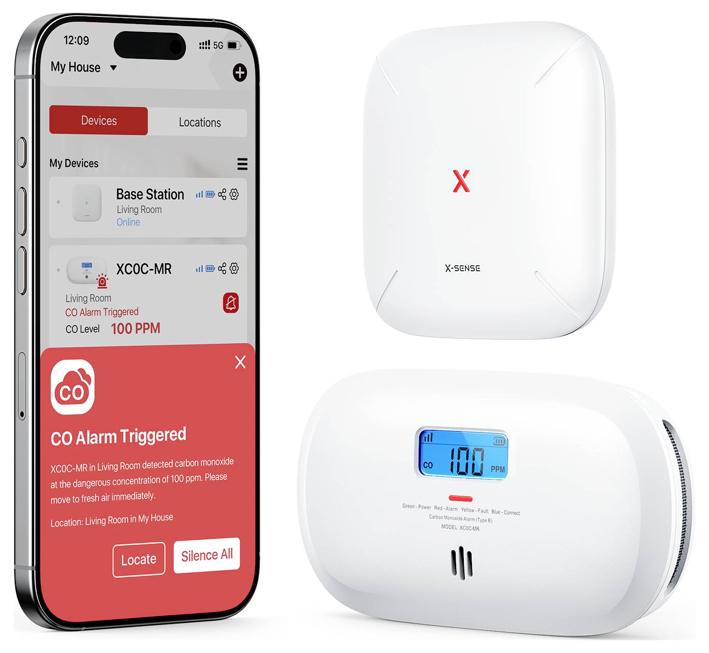 Telefon zobrazuje upozornění "CO Alarm Triggered" (Aktivován alarm CO). Nástěnné a stolní detektory oxidu uhelnatého vykazují 100 PPM na digitálním displeji.