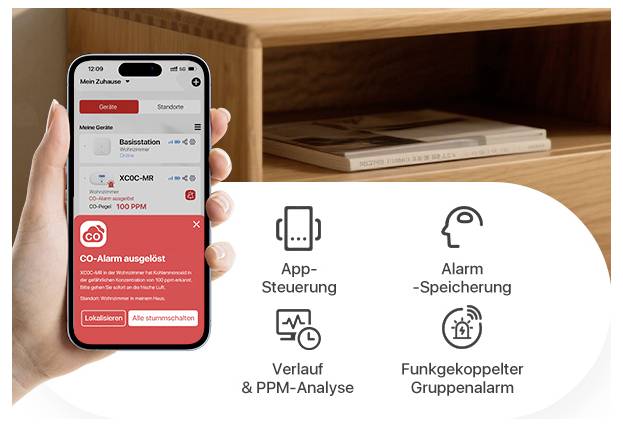 Ruka drží chytrý telefon s aktivovanou aplikací CO-Alarm. Vedle něj ikony pro řízení aplikace, ukládání alarmu, historii a skupinový alarm.