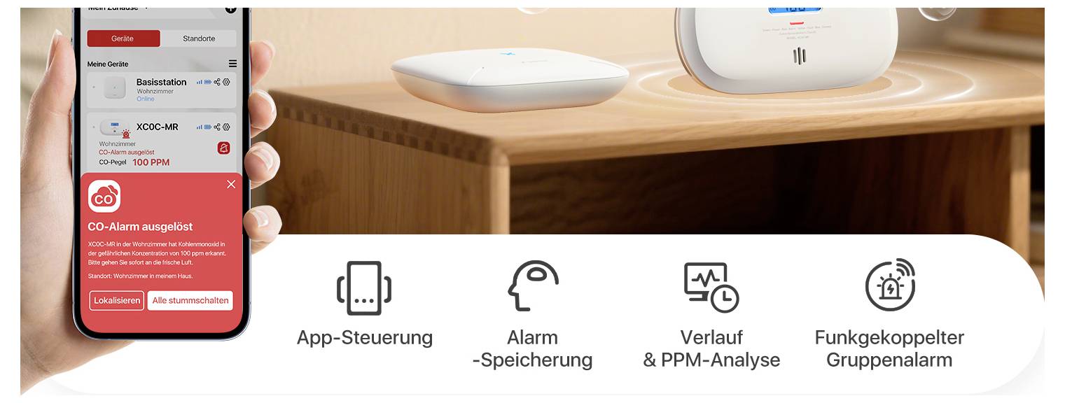 Chytrý telefon zobrazuje CO alarm. Vedle něj detektor na stole. Dole jsou symboly: 'Ovládání přes aplikaci', 'Ukládání alarmu', 'Historie a analýza PPM', 'Bezdrátově spárovaný skupinový alarm'.