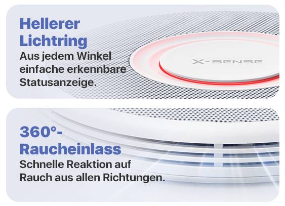 Zařízení 'X-SENSE' se svítícím kroužkem pro viditelný stav. '360°- Přívod kouře' umožňuje rychlou detekci kouře ze všech směrů.