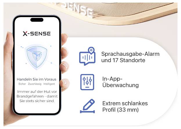 Aplikace „X-Sense" na telefonu s ikonami: hlasitý alarm v 17 lokacích, monitorování v aplikaci a štíhlý profil (33 mm).