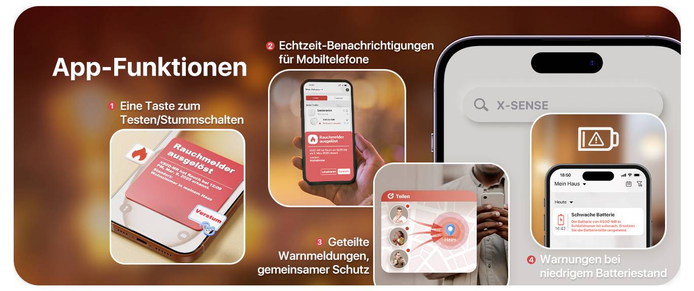 Více obrazovek chytrých telefonů zobrazuje funkce aplikace: Oznámení v reálném čase, Test/Ztlumení, Sdílená varovná upozornění, Varování baterie.