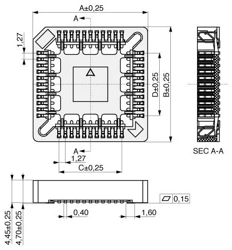 Technický diagram čtvercového pouzdra integrovaného obvodu s podrobnými rozměry včetně délek, šířek a uspořádání vývodů.