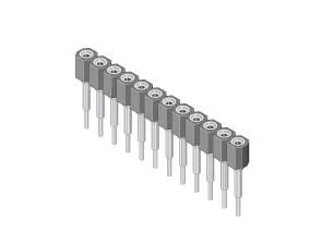 3D model konektoru s jedenácti kontakty a válcovitými kolíky.