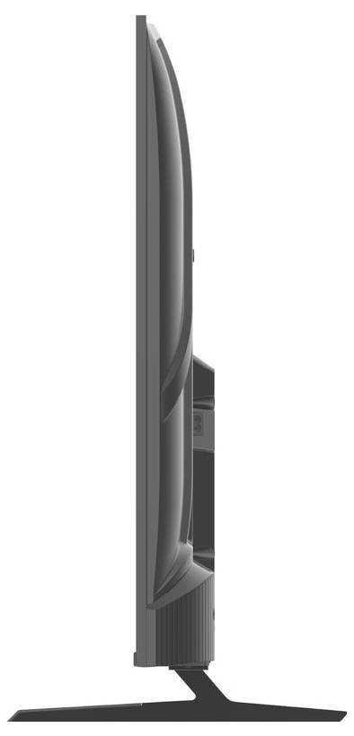 Tenký, moderní televizor v bočním pohledu, zdůrazňující jeho štíhlý design a elegantní stojan.