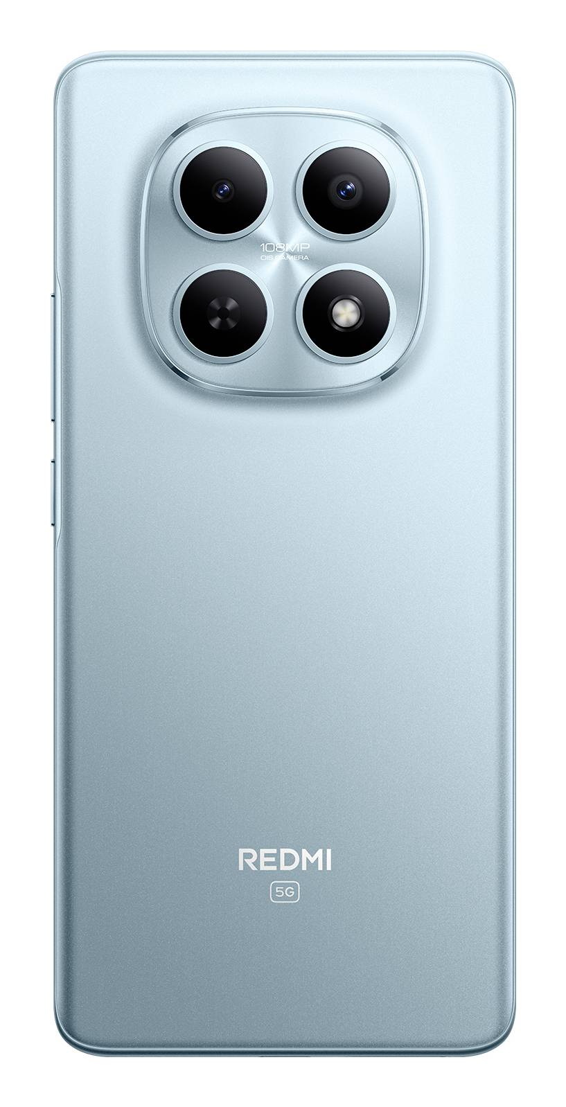Zadní pohled na modrý chytrý telefon se třemi objektivy fotoaparátu a LED bleskem na čtvercovém modulu s nápisy "REDMI 5G" níže.