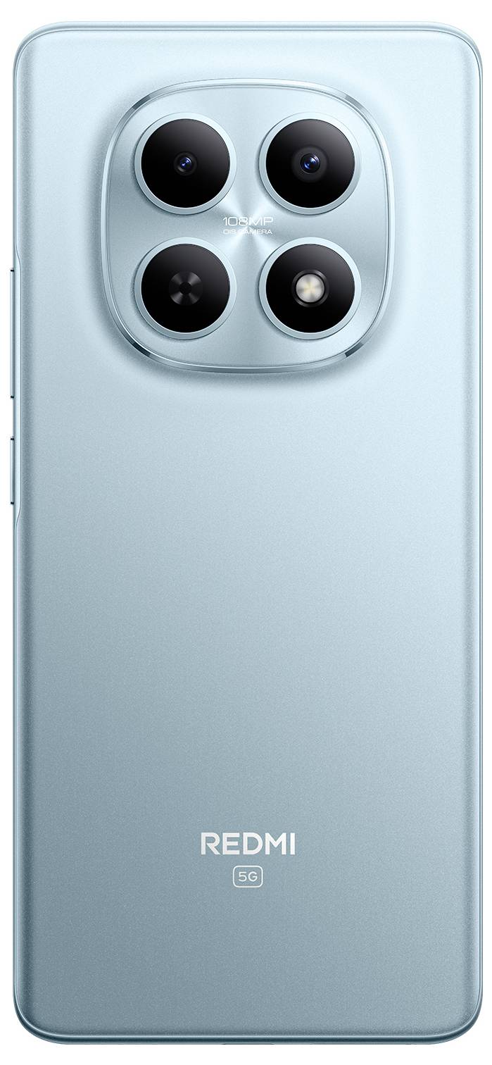 Světle modrý smartphone se čtyřnásobnou kamerou na zadní straně s nápisem „REDMI" a logem 5G umístěným pod kamerami.