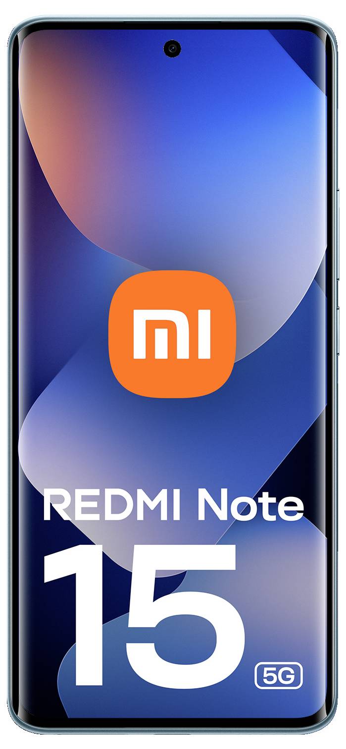 Smartphone s displejem zobrazujícím logo 'mi' v horní části a 'REDMI Note 15 5G' pod ním na modrém a oranžovém abstraktním pozadí.