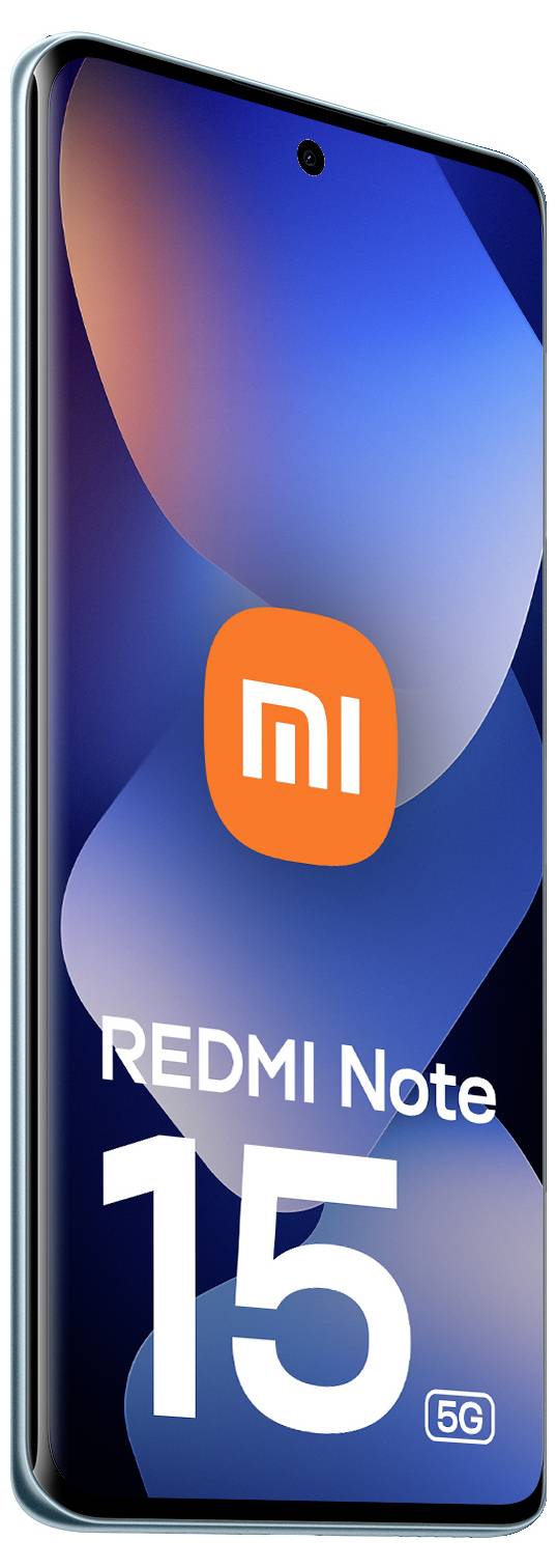 Chytrý telefon s nápisem "REDMI Note 15 5G" zobrazeným na obrazovce, s gradientním pozadím a logem značky uprostřed.
