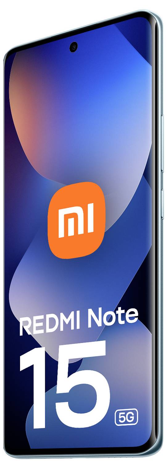Smartphone zobrazující "REDMI Note 15" na obrazovce s logem, zobrazující modré a oranžové abstraktní pozadí.