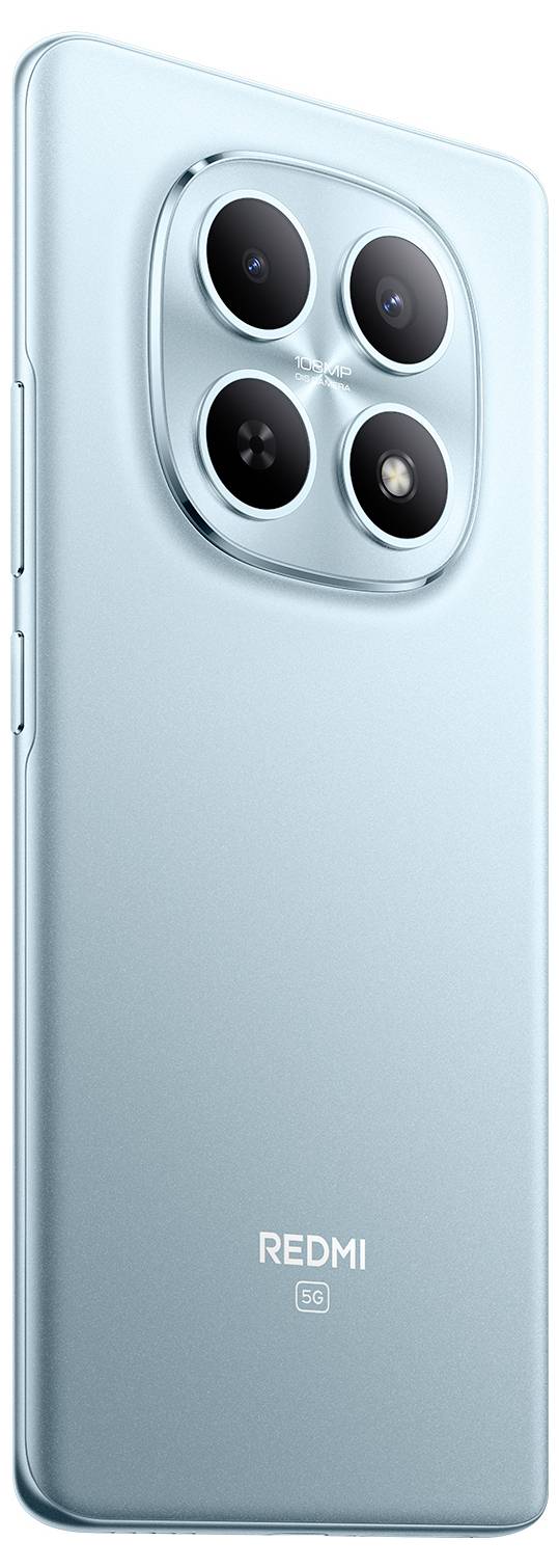 Elegantní, světle modrý smartphone zobrazující zadní stranu se čtyřnásobným fotoaparátem a značkou 'Redmi' v dolní části, což zdůrazňuje design moderní technologie.
