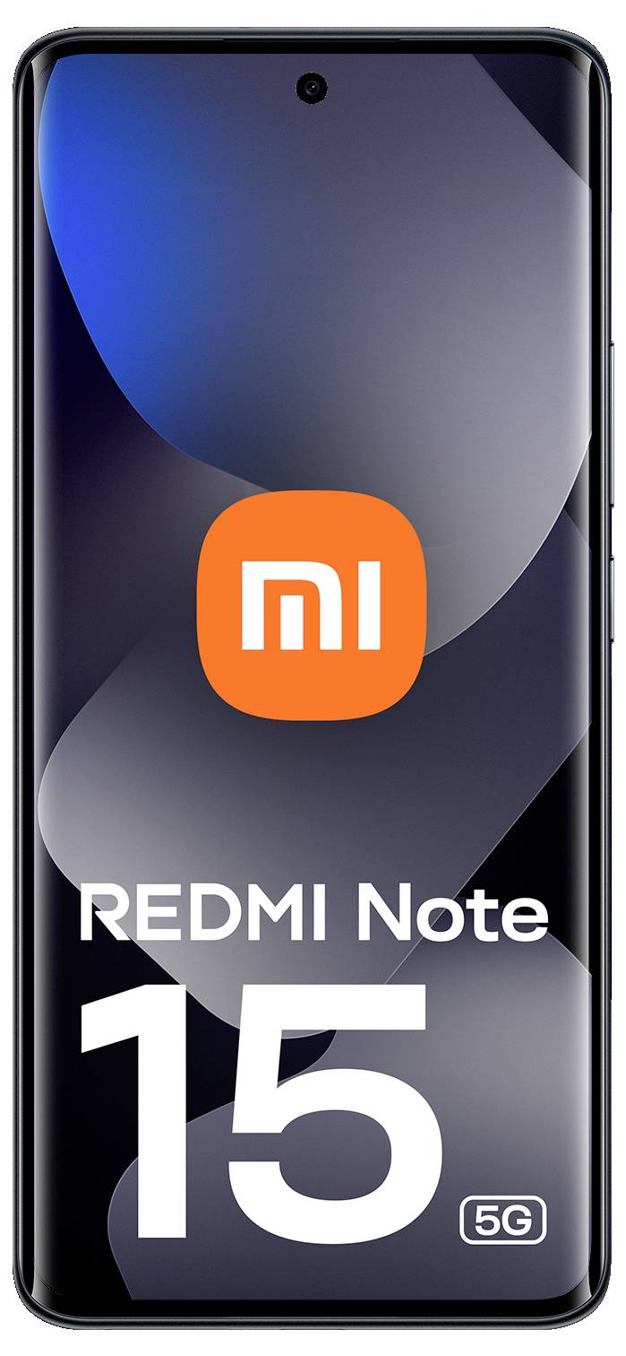 Smartphone zobrazující 'REDMI Note 15 5G' s velkým logem 'mi' na obrazovce. Design obsahuje elegantní displej se zakřiveným okrajem.