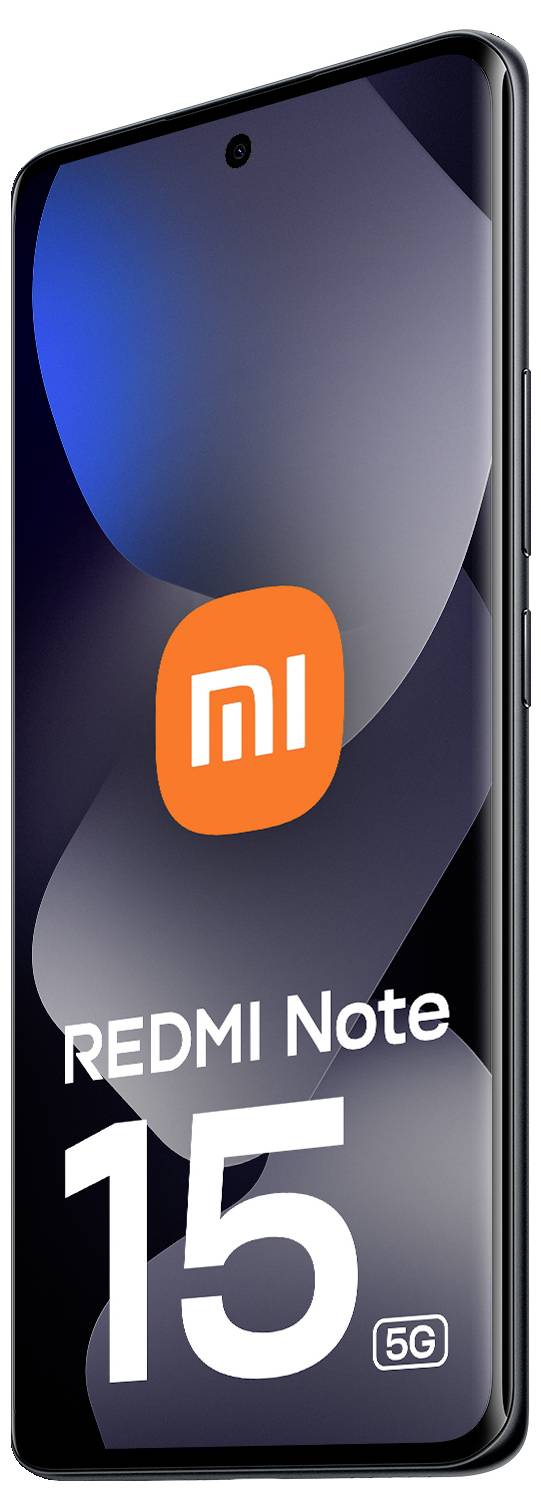 Smartphone zobrazující značku 'REDMI Note 15 5G' se elegantním, moderním designem a logem výrobce na obrazovce.