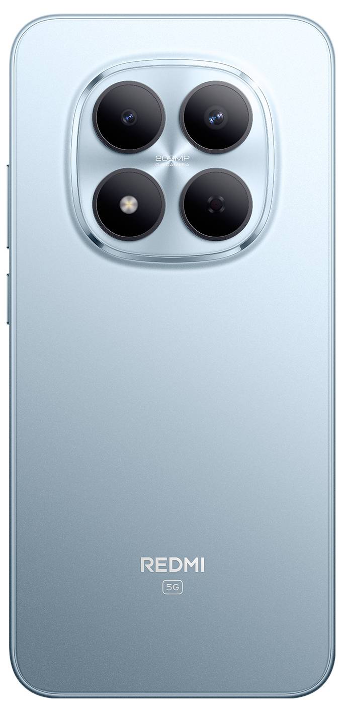 Světle modrý smartphone se čtyřmi fotoaparáty na zadní straně a logem „REDMI" na zádech.