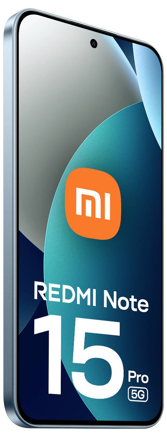 Smartphone zobrazující „REDMI Note 15 Pro 5G" na obrazovce s modrým pozadím a oranžovým logem v horní části.