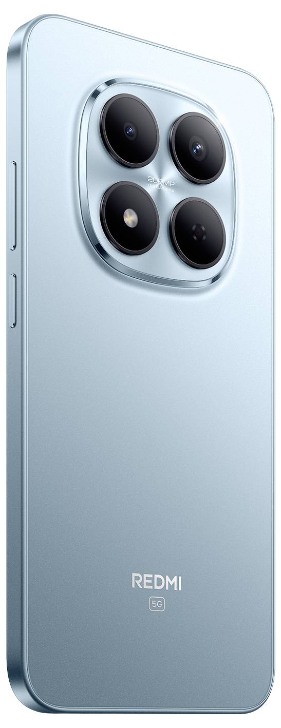 Chytrý telefon se čtyřmi fotoaparáty na zadní straně, s bleděmodrým povrchem a logem "Redmi 5G" v dolní části.