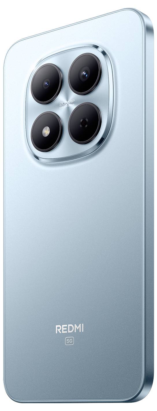 Elegantní smartphone s kovově modrým leskem na zádech disponuje čtyřnásobným fotoaparátem. Na spodní straně je viditelná značka 'REDMI'.